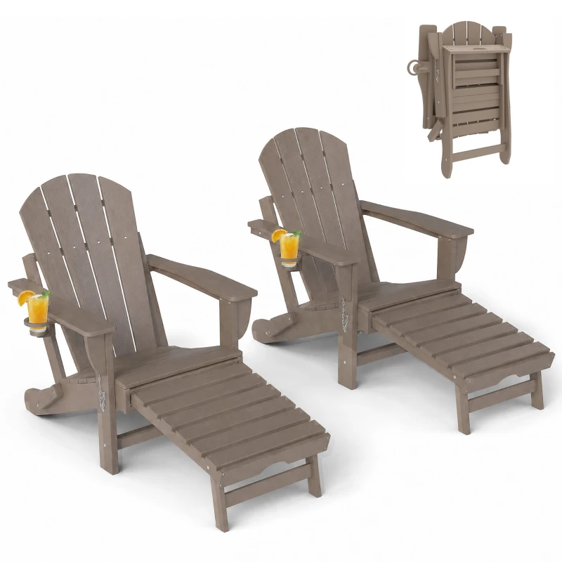 Outsunny Folding Adirondack Chair Set of 2, HDPE Fire Pit Chair with Retractable Ottoman and Cup Holder, Brown
