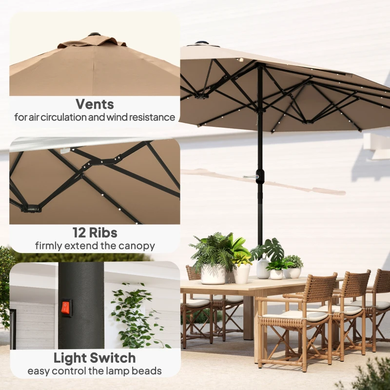 Outsunny 174" Double-Sided Sun Umbrella Garden Parasol Patio Sun Shade Outdoor with LED Solar Light, Khaki