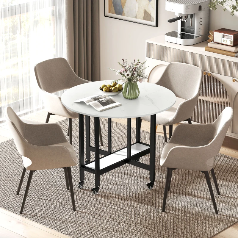 HOMCOM Folding Dining Table, Drop Leaf Table with Open Shelf, Rolling Kitchen Table for Dining Room, Small Spaces, White Marble