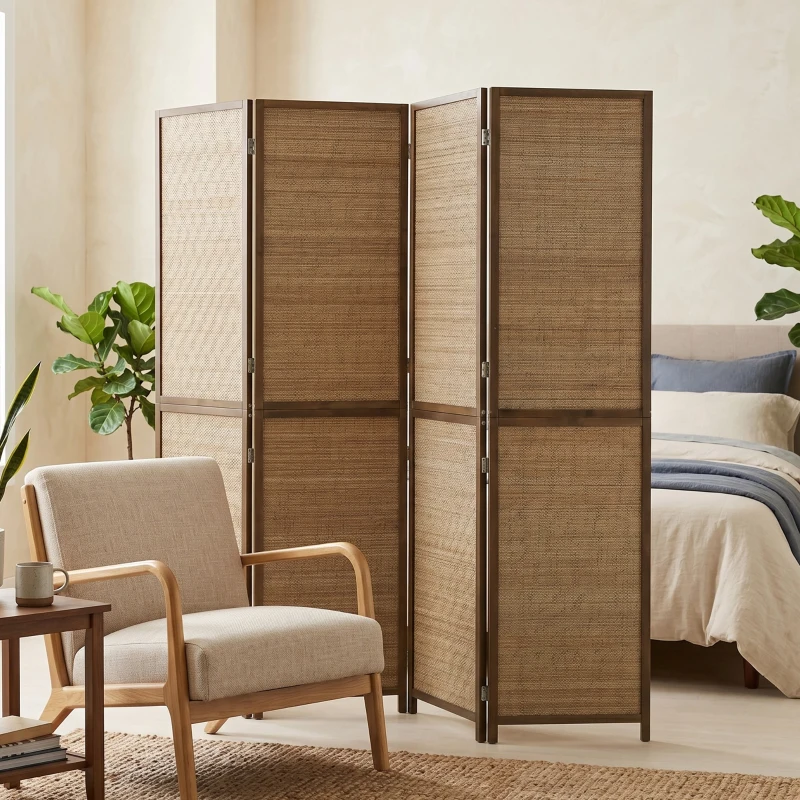 HOMCOM Room Divider, 4 Panel Folding Privacy Screen, 6 FT Tall Hand-Woven Bamboo Wall Partition, Brown