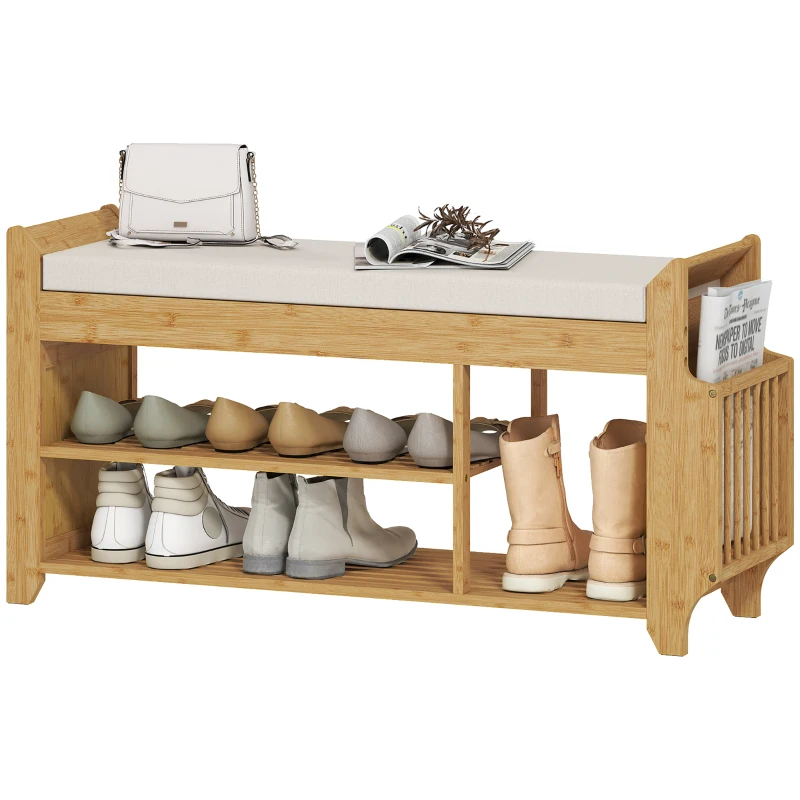 HOMCOM Shoe Bench with Cushioned Seat Shoe Storage Bench with Side Umbrella Holder for Entryway Natural and Cream