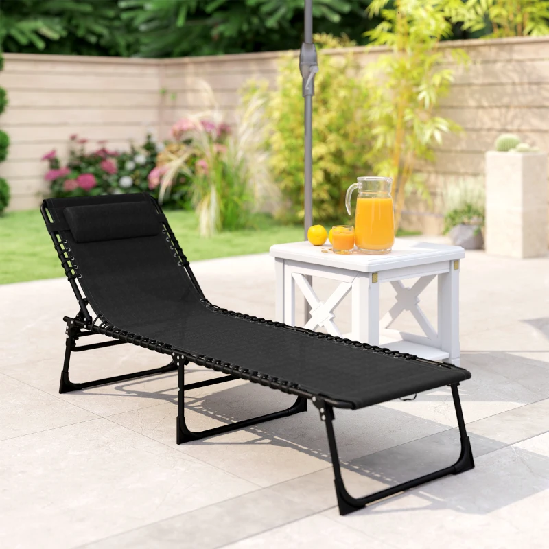Outsunny Outdoor Folding Lounge Chair, 4-Level Adjustable Chaise Lounge with Headrest, Tanning Chair Beach Bed Reclining Lounger Cot for Camping, Hiking, Backyard, Black