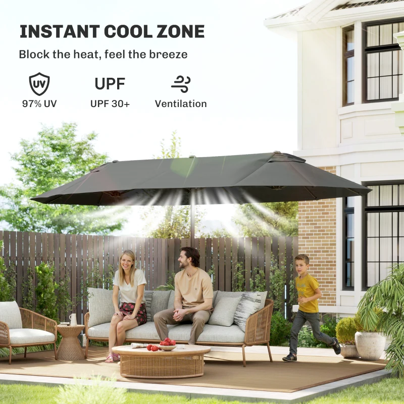 Outsunny Extra Large 15 ft Patio Umbrella, Double-Sided Wide Outdoor Umbrella with Crank Handle and Air Vents for Backyard, Deck, Pool, Market, Gray