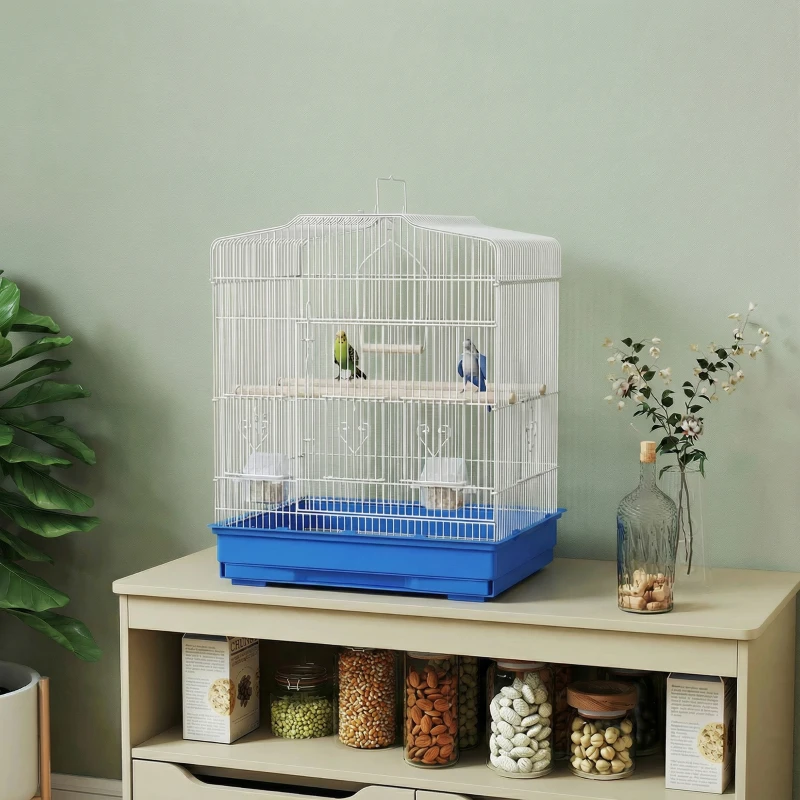 PawHut 23" Bird Cage, Finches Canaries, Parrot Cage with Doors Perches, 2 Feeder Pet Supplies, Blue
