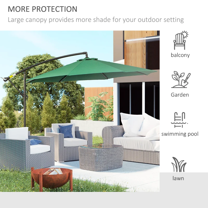 Outsunny 9.7ft Offset Patio UmbrellaCantilever Parasol with Crank Handle, 8 Ribs and Cross Base for Outdoor, Sun Shade, Green