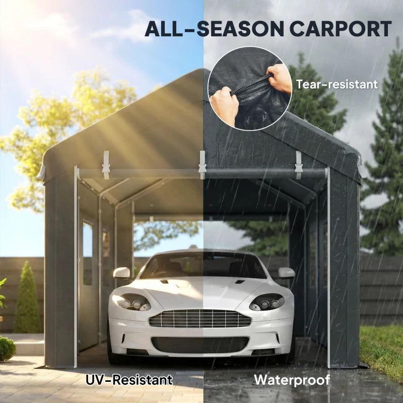 Outsunny 10' x 20' Carport, Heavy Duty Portable Garage with 6 Mesh Windows and 2 Doors, Dark Grey