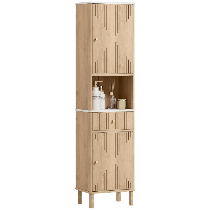 HOMCOM 66" Tall Bathroom Cabinet, Freestanding Slim Bathroom Storage Cabinet with Silent-Glide Drawer, Adjustable Shelves, Oak