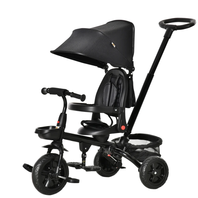 Qaba Kids Tricycle, 5 in 1 Foldable Trike with Reversible Seat, Adjustable Parent Handle, Safety Harness, Wheel Brakes, Removable Canopy, Storage, Tricycle for Toddlers 1-5 Years, Black