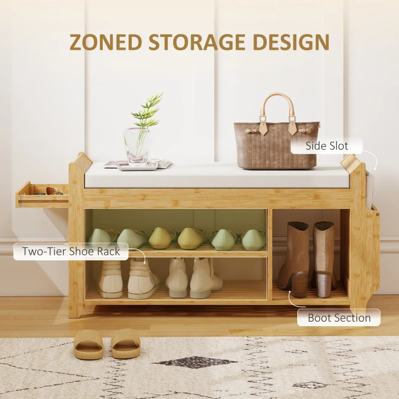 HOMCOM Shoe Bench with Cushioned Seat Shoe Storage Bench with Side Umbrella Holder for Entryway Natural and Cream