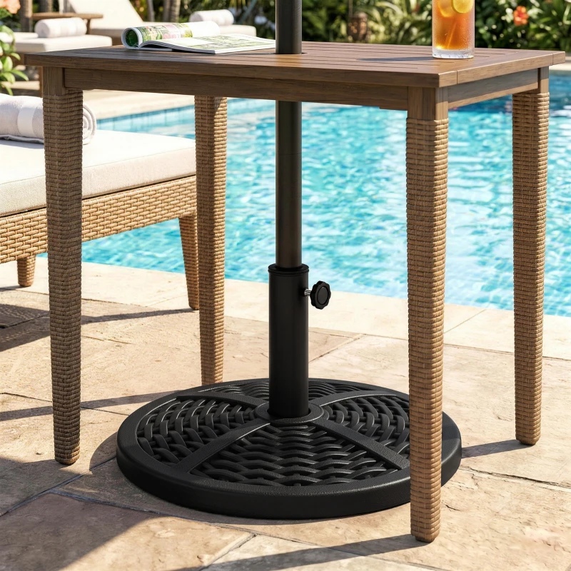 Outsunny 21 lbs Cement Round Market Umbrella Base Holder, 18" Heavy Duty Parasol Stand with Rattan Design for Patio, Black