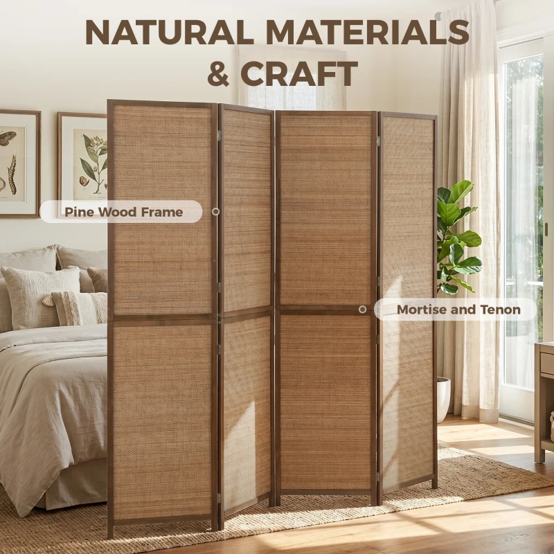 HOMCOM Room Divider, 4 Panel Folding Privacy Screen, 6 FT Tall Hand-Woven Bamboo Wall Partition, Brown