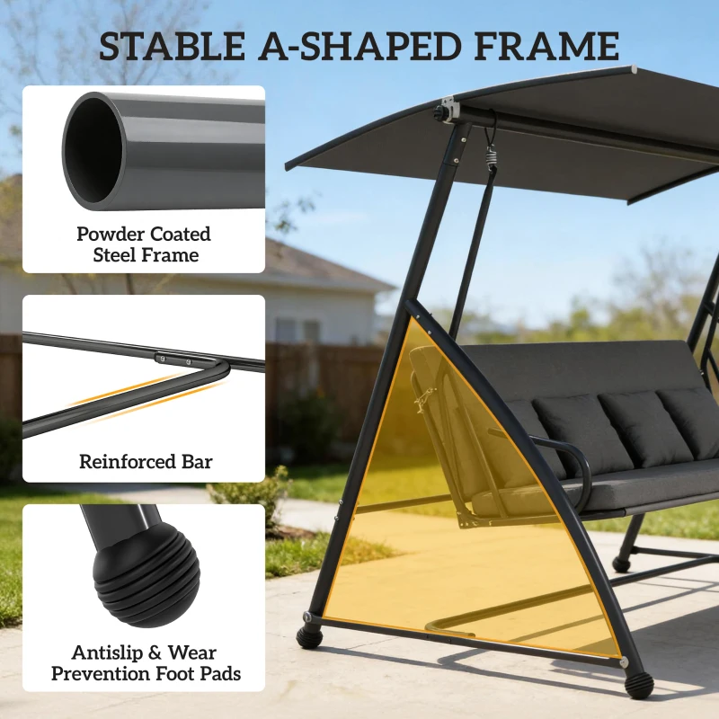 Outsunny Patio Swing Chair, 3 Person Convertible Hammock, Outdoor Swing Lounge Bed, Cushioned with Tilt Canopy, Dark Grey