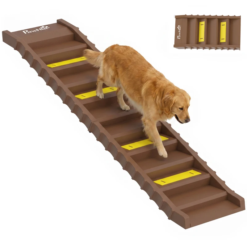PawHut Foldable Dog Car Ramp, Dog Ramp with Anti-Slip Steps, Pet Stairs for Senior Pets to Access Cars and High Beds, Brown
