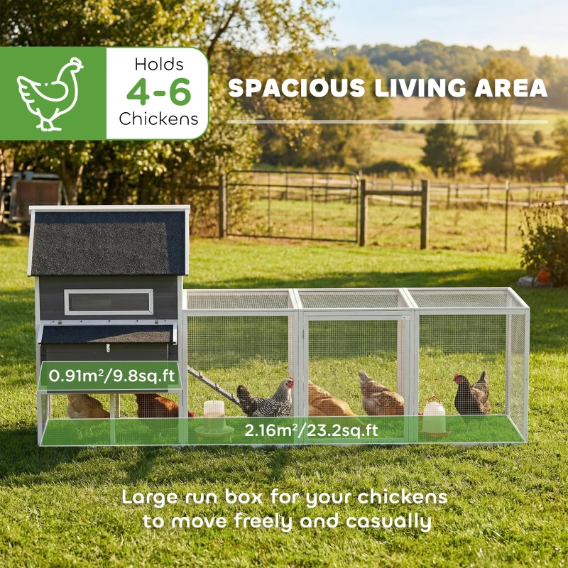 PawHut 137" Wooden Chicken Coop with Chicken Run, Nesting Box, Dark Grey