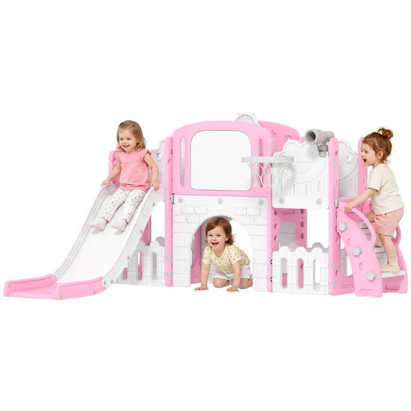 Qaba 7 in 1 Toddler Slide with Basketball Hoop, Climbing Frame, Telescope, Drawing Board, Storage Box for Ages 1-3, Pink