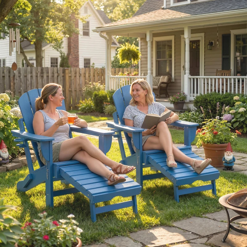 Outsunny Folding Adirondack Chair Set of 2, HDPE Fire Pit Chair with Retractable Ottoman and Cup Holder, Blue