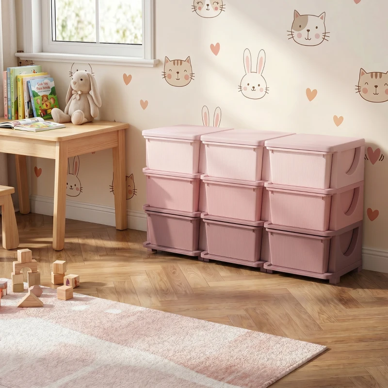 Qaba 3 Tier Kids Toy Organizer and Storage Bins with 9 Plastic Drawers, Pink