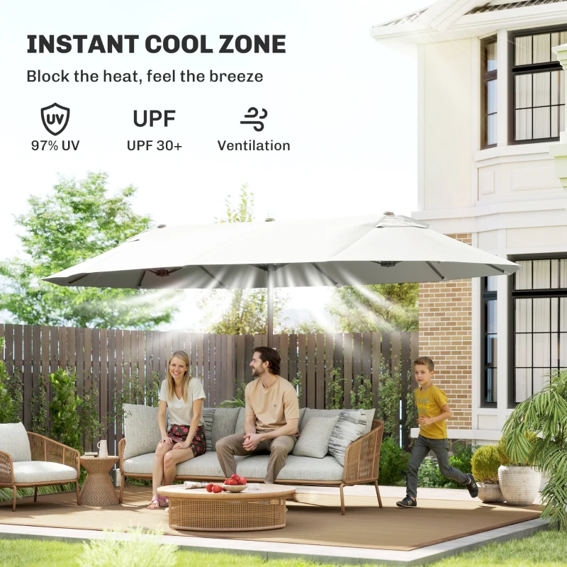 Outsunny 15' Outdoor Patio Umbrella with Twin Canopy Sunshade Steel Table Umbrella with Lift Crank Beige