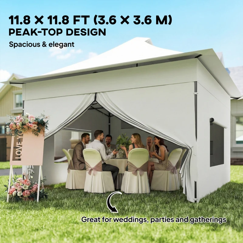 Outsunny 12 x 12 ft Pop Up Canopy Tent with Peak Top, UPF50+ 420D Outdoor Instant Canopy Shelter with Side Pockets, Silver