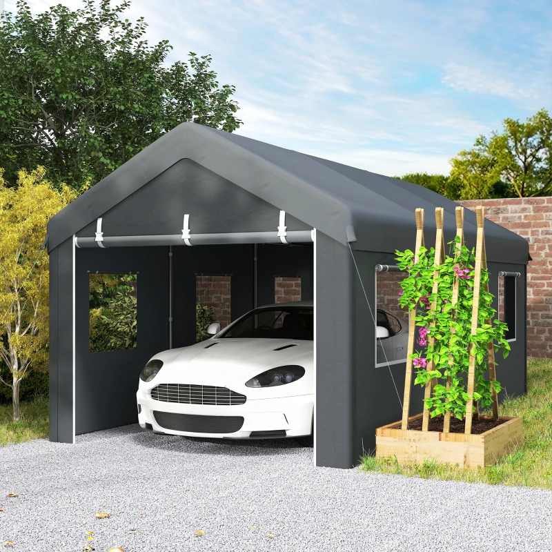 Outsunny 10' x 20' Carport, Heavy Duty Portable Garage with 6 Mesh Windows and 2 Doors, Dark Grey