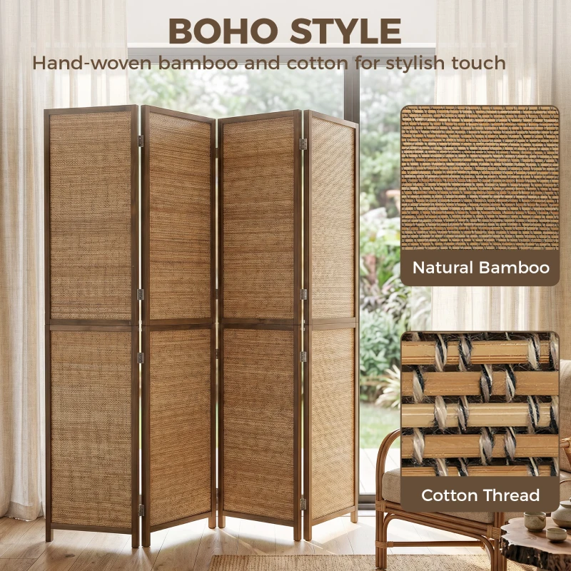HOMCOM Room Divider, 4 Panel Folding Privacy Screen, 6 FT Tall Hand-Woven Bamboo Wall Partition, Brown