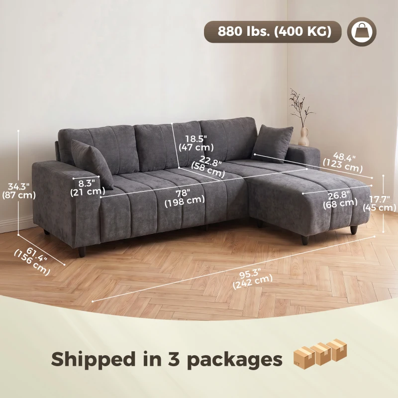 HOMCOM Sectional Couch with Integrated Seat, 3 Seater L-Shaped Sofa with Changeable Chaise, Spring Cushion, Charcoal Grey