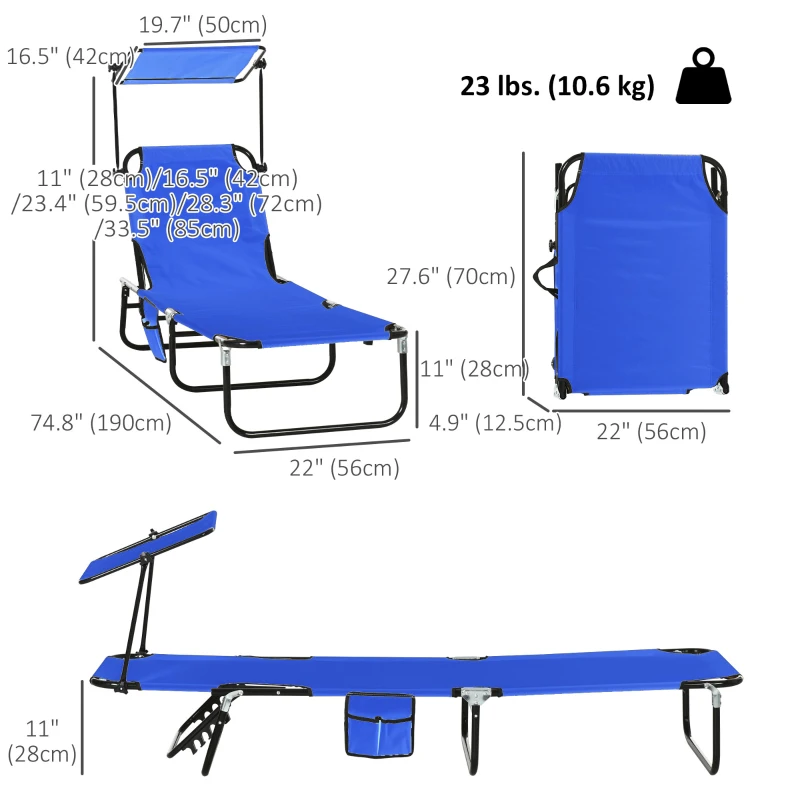 Outsunny 2 Piece Folding Outdoor Chaise Lounges, Pool, Sun, Tanning Chairs with Reclining Back, Sunshade for Beach, Patio, Blue