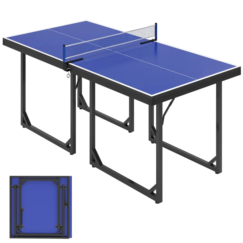 Soozier 6x3 ft Compact Midsize Table Tennis Table Multi-Use Family Ping-pong Table Free Standing Folding Blue