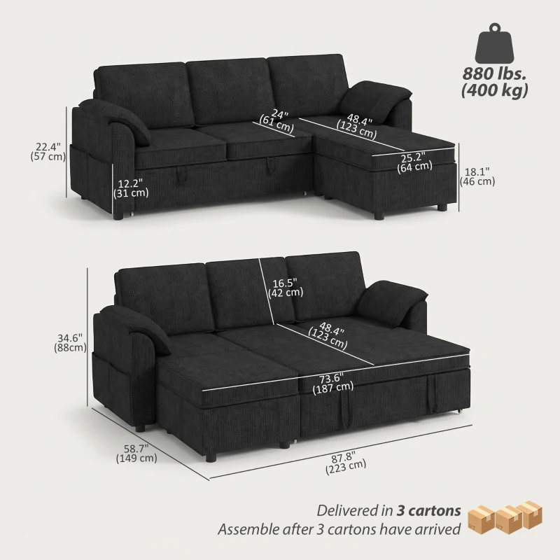 HOMCOM Sectional Sofa Bed Reversible Pull Out Sleeper Sofa Storage Ottoman, Black