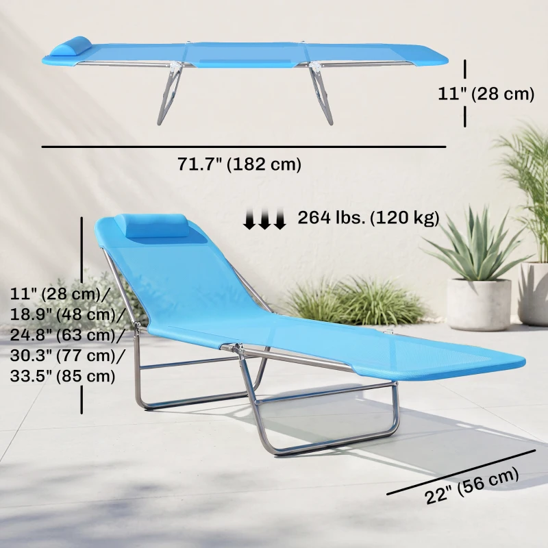 Outsunny Outdoor Lounge Chair, Portable Adjustable Reclining Seat Folding Chaise Lounge Patio Camping Beach Tanning Chair Bed with Pillow, Blue