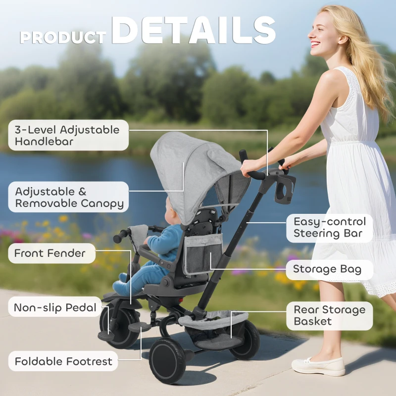 Qaba 6 in 1 Kids Tricycle with Adjustable Push Handle, Removable Canopy, Reversible Seat, for 1-5 Years, Gray