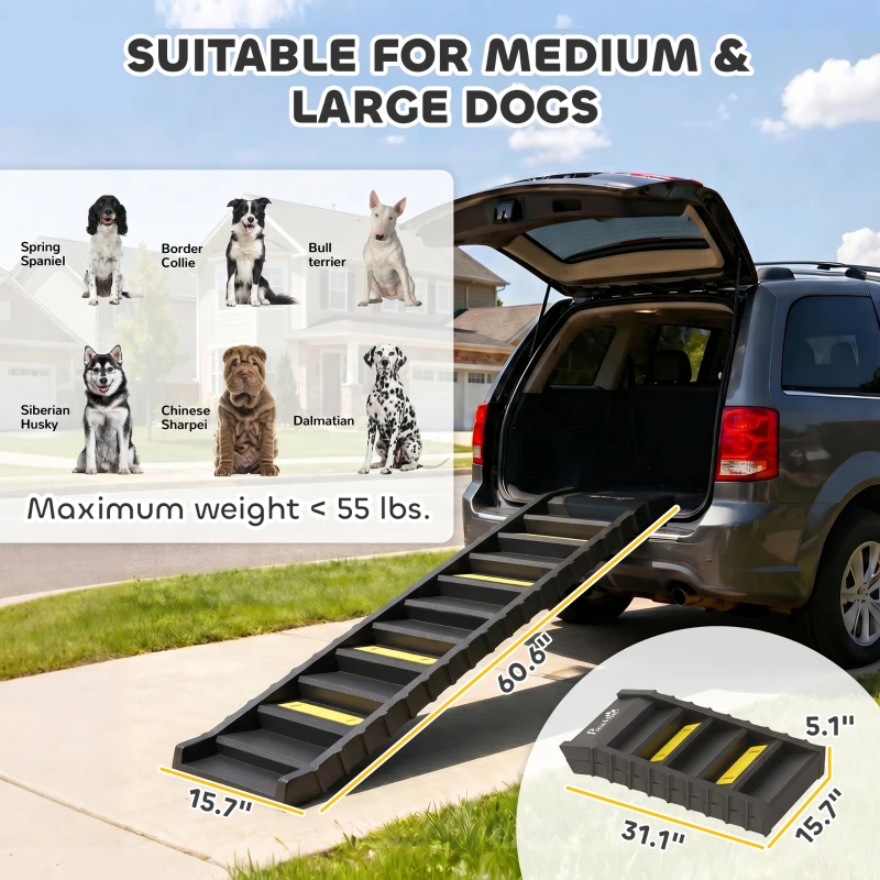 PawHut Dog Stairs for Car Truck SUV, Foldable Dog Ramp for Large Medium Small Dogs, Black