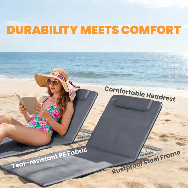 Outsunny 2 Pieces Beach Lounge Chair, Outdoor Folding Chaise Lounge Set w/ Pillow for Sunbath, Snap, Grey