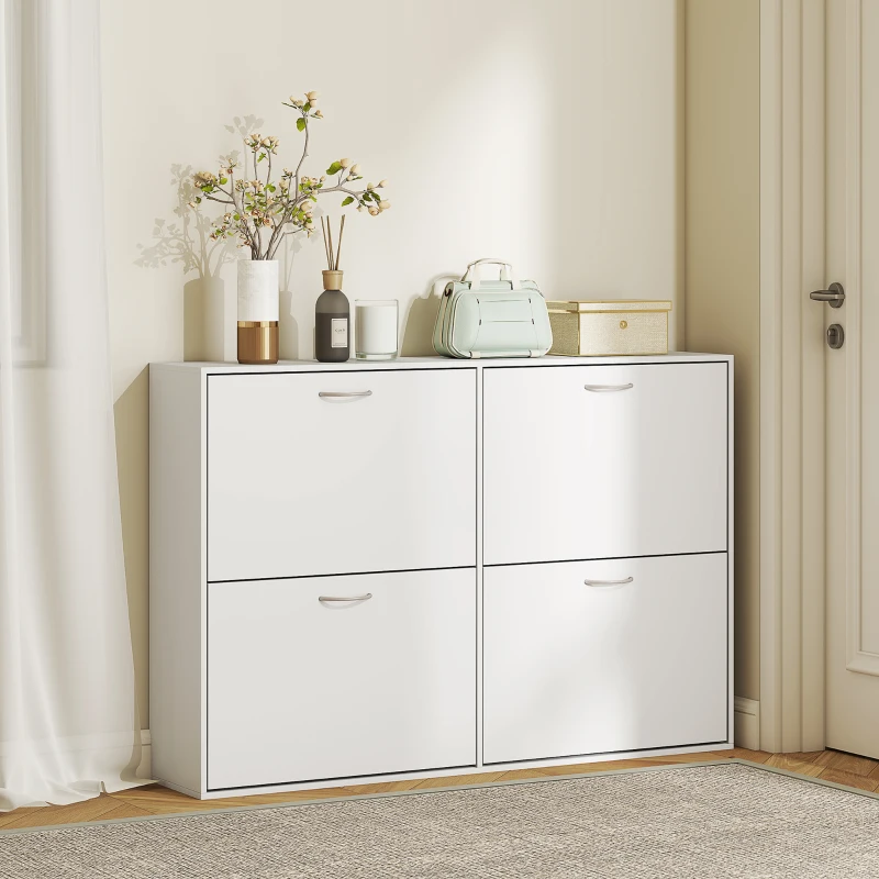 HOMCOM Flip Down Shoe Rack, Multi Cabinet, Wooden Shoe Shelf, Entryway, 4 Drawer Organizer, Freestanding Unit, White