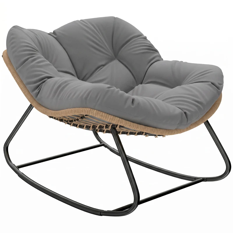 Outsunny Indoor Outdoor Papasan Rocking Chair, Oversized Rocking Egg Chair with Cushion for Garden, Patio, Grey