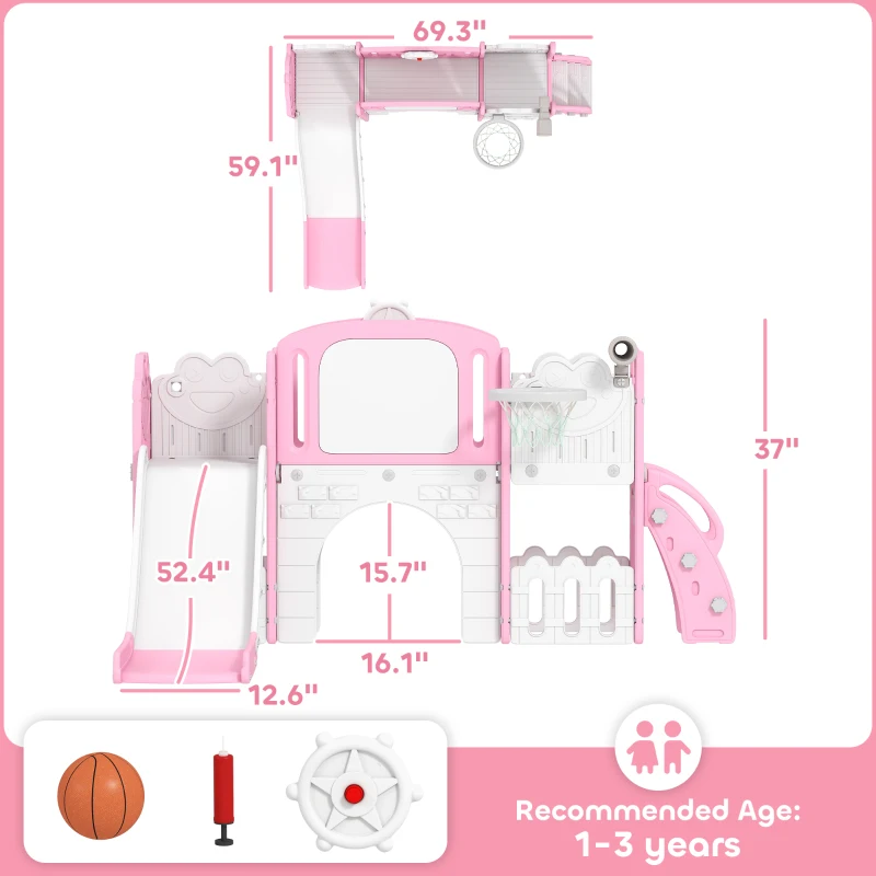 Qaba 7 in 1 Kids Slide with Climber, Basketball Hoop, Telescope, Indoor Outdoor Playground, for Boys Girls Ages 1-3, Pink