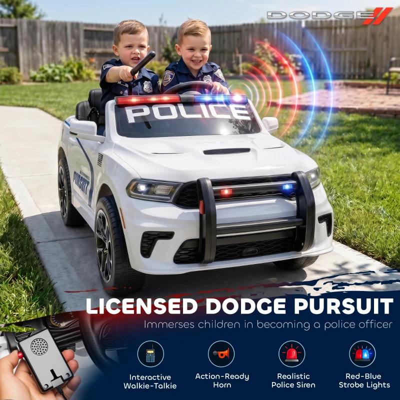 Qaba Licensed Dodge Ride On Police Car for Kids with 2 Seater, Remote, Suspension, Flashing Lights, Siren for Ages 3-6, White