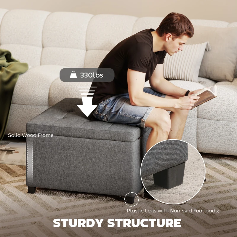 HOMCOM Round Storage Ottoman Bench, Button Tufted Ottoman with Flip Top for Living Room, Entryway and Bedroom, Gray
