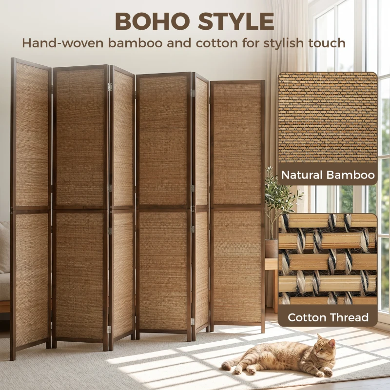 HOMCOM Room Divider, 6 Panel Folding Privacy Screen, 6 FT Tall Hand-Woven Bamboo Wall Partition, Brown