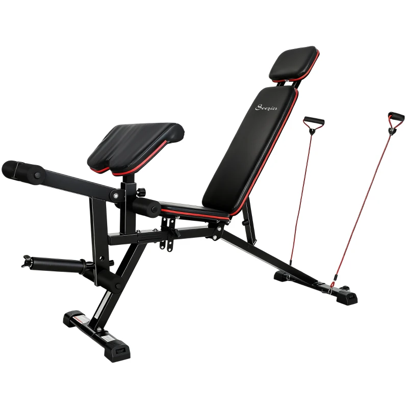 Soozier Adjustable Weight Bench with Wheels, Load 660LBS Workout Bench with Leg Extension, Preacher Curl and Resistance Bands