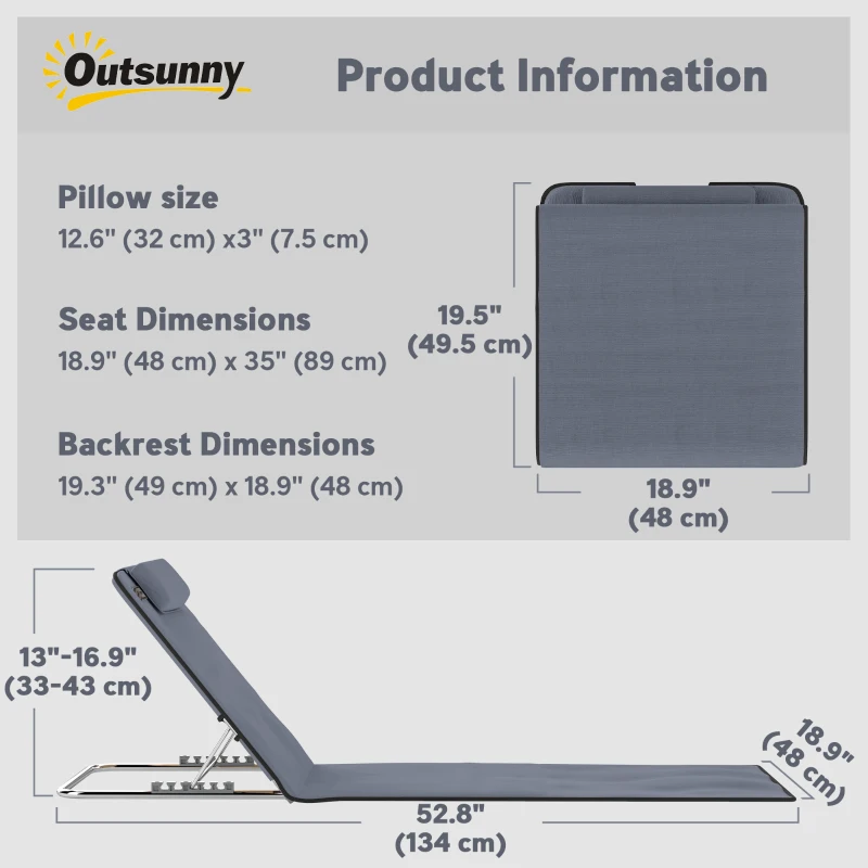 Outsunny 2 Pieces Beach Lounge Chair, Outdoor Folding Chaise Lounge Set w/ Pillow for Sunbath, Snap, Grey