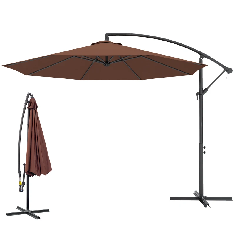Outsunny 10' Deluxe Patio Umbrella, Outdoor Market Parasol, Banana Hanging Offset Sunshade with Crank, Cross Base, Coffee