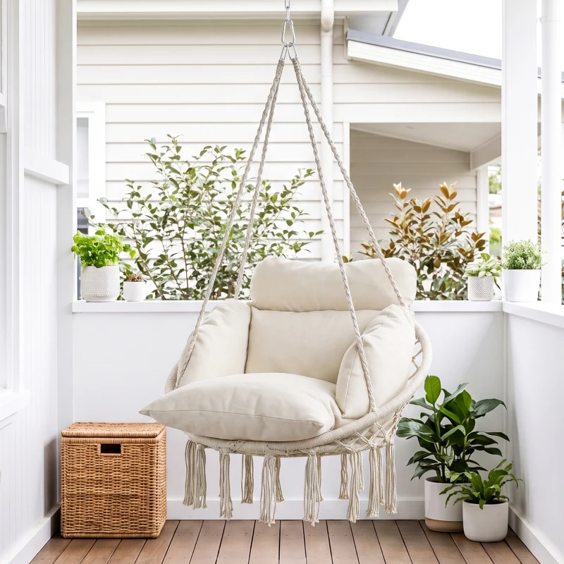 Outsunny Hammock Swing Chair, Macrame Hanging Chair with Large Cushion, Chain, Steel Frame for Indoor Outdoor Use, Cream White