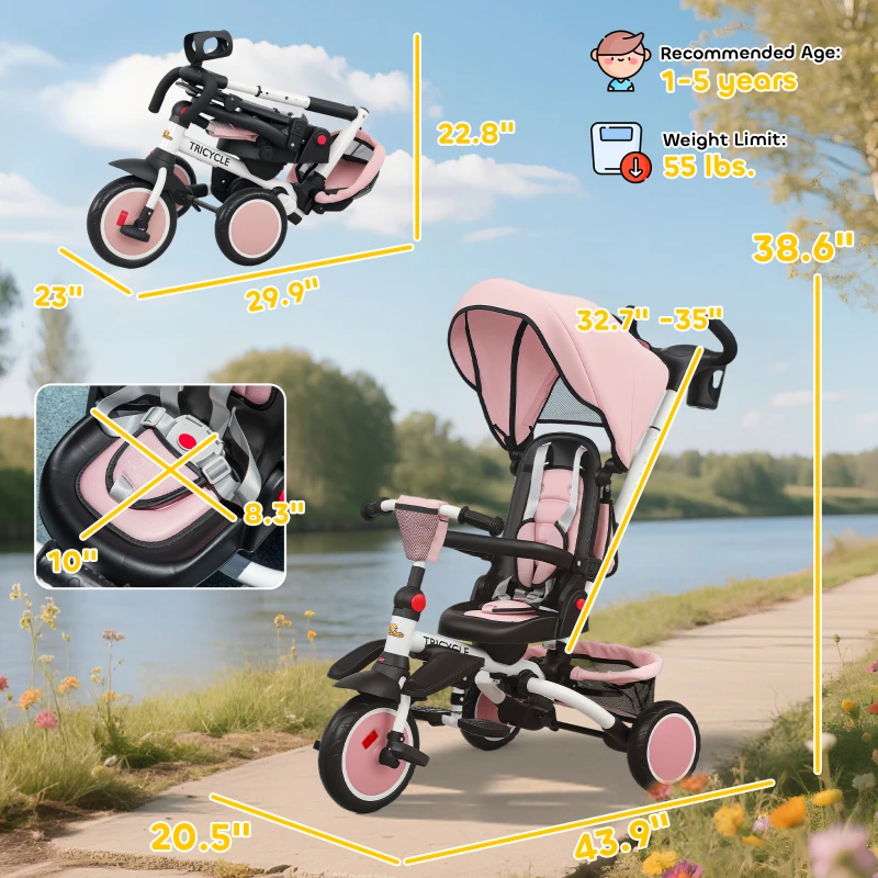 Qaba 6 in 1 Kids Tricycle with Adjustable Push Handle, Removable Canopy, Reversible Seat, for 1-5 Years, Pink