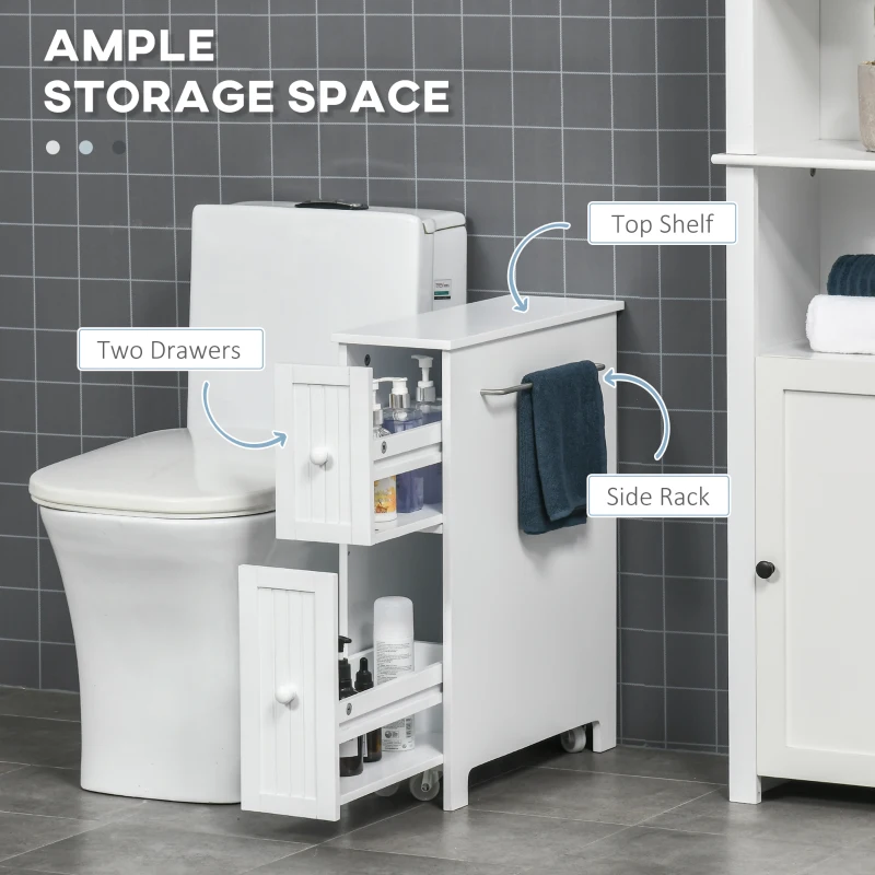 kleankin Slim Bathroom Cabinet, Freestanding Storage Cabinet, Toilet Paper Holder with Two Drawers, Side Towel Rack, and Wheels, 7 x 20.5 x 24.75 Inches, White
