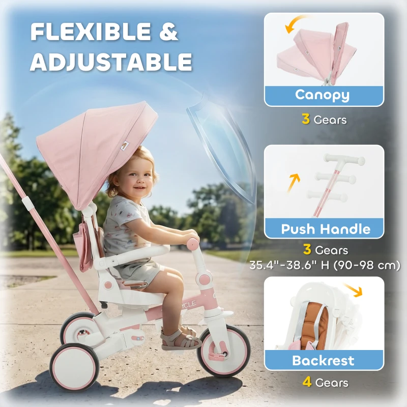 Qaba 7 in 1 Tricycle Stroller for Toddler 1-5 Years w/ Adjustable Push Handle, Rotatable Seat, Removable Canopy, Pink