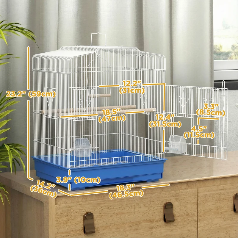 PawHut 23" Bird Cage, Finches Canaries, Parrot Cage with Doors Perches, 2 Feeder Pet Supplies, Blue