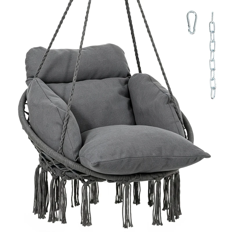 Outsunny Hammock Swing Chair, Macrame Hanging Chair with Large Cushion, Chain, Steel Frame for Indoor Outdoor Use, Dark Gray