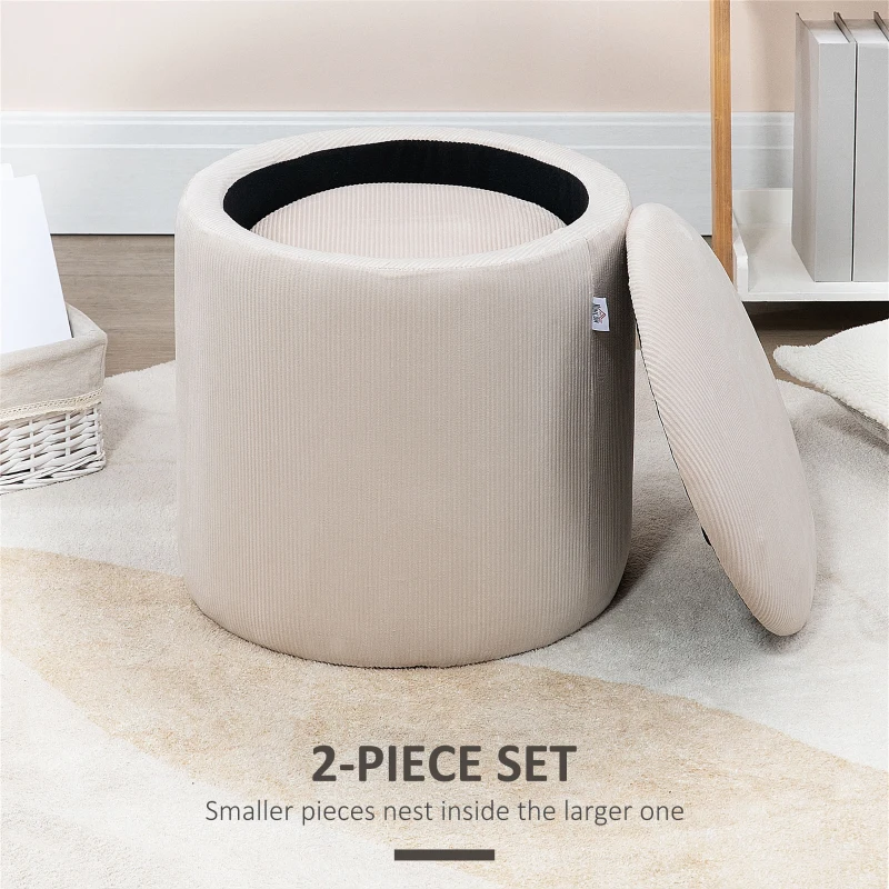 HOMCOM Corduroy Stool, Ottoman with Storage Set of 2, Removable Wood Lid, Hidden Space, Cream White