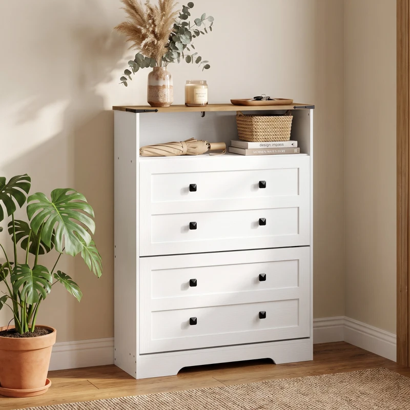 HOMCOM Shoe Cabinet with 2 Flip Drawers, Narrow Shoe Storage Cabinet, White